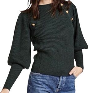 Veronica Beard Jude Merino Wool Rib Knit Gold Button Long Puff Sleeve Crewneck